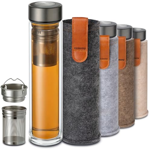 Cosumy Teeflasche mit Sieb to Go 500ml - Doppelwandiges Glas mit Filztasche - Hitzebeständig - Auslaufsicher - Spülmaschinenfest - (Anthrazit)