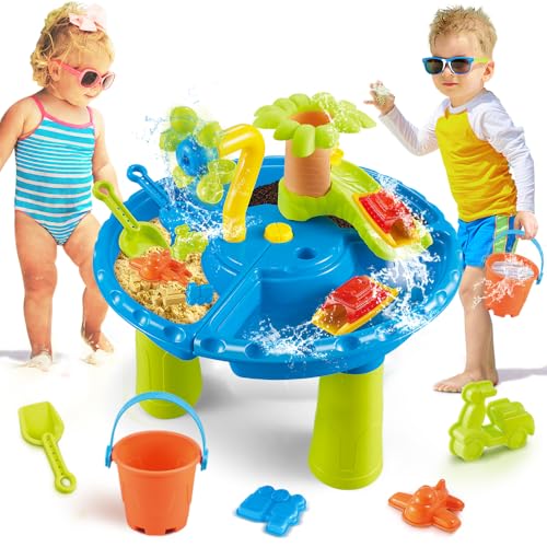 TERRAMUS 3 in 1 Wasserspieltisch, 22 STÜCK Set Sand Wassertisch für Kinder, Wasserspieltisch Draußen Strandspielzeug Garten Hinterhof Sommer Outdoor Sand Spielzeug for Junge Mädchen 3 4 5 6 Jahre