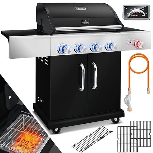 KESSER® Gasgrill Master BBQ 800°C Infrarot & Grillthermometer LED-Beleuchtung Keramik 4+1 Brenner aus Edelstahl XXL Grillwagen Grill Seitenkocher 5-11 KG Gasflasche & Schlauch Piezozündung Schwarz