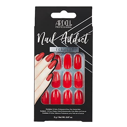 ARDELL Nail Addict – Cherry Red | 24 künstliche Nägel in Rot mit Kleber & Feile für schöne Fingernägel zum Aufkleben | Press On Nails - Klebenagel Set mit langen Tips