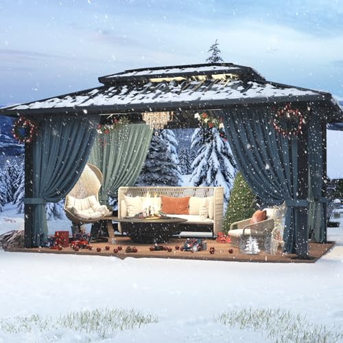 HOTEEL Hardtop Pavillon 3 x 3,65 m Wasserdicht Stabil Winterfest Doppeldach aus verzinktem Stahl, Flammhemmend Pavillon Mit Moskitonetz, Alu-Rahmen Pavillon Gartenpavillon Metall Pavillon (Grau, Pro)