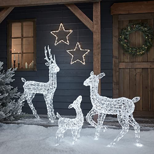 Lights4fun 120cm Swinsty LED Rentier Familie Acryl weiß Timer Rentier Weihnachtsfigur Weihnachtsbeleuchtung Außen und Innen