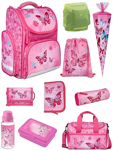 Familando Schulranzen 1. Klasse · ergonomischer Tornister · Schultasche für Jungen und Mädchen (Komplett Set mit Schultüte, Butterfly Schmetterlinge Pink)