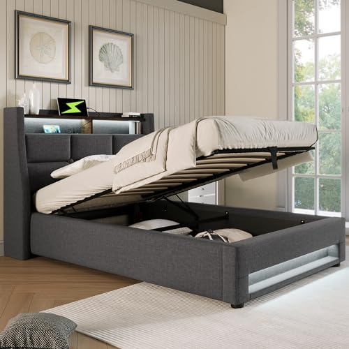 DEKKETO Boxspringbett mit Stauraum, Polsterbett 90x200 Einzelbett mit LED und 2 USB-Anschluss, Hydraulisch Stauraumbett Rückenlehne Bettgestell, Lattenrost aus Holz ohne Matratze, Grau