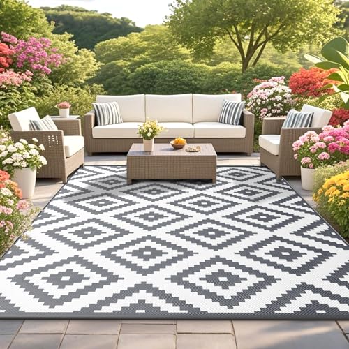 Habaylin Outdoor Teppich Wetterfest, Wendbarer Balkon Teppich 120x180 cm, Leichtgewicht Picknickdecke Vorzeltteppich für Camping Terrasse Garten, Grau