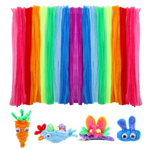 600 Pfeifenputzer Bunt zum Basteln Set, 100 Stk.Pfeifenreiniger 30cm Chenilledraht Biegeplüsch Pipe Cleaner für DIY Projekte Ostern Kindergeburtstag (inkl. Spitztüten Pompons Wackelaugen)