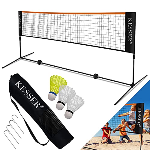 KESSER® Badmintonnetz Tennisnetz | 300cm | Federballnetz 3-Fach-Höhenverstellbar 107/120/155cm, Set bestehend aus Netz, 3x Federball, Transporttasche, stabilem Eisen-Gestell, Indoor & Outdoor, Schwarz