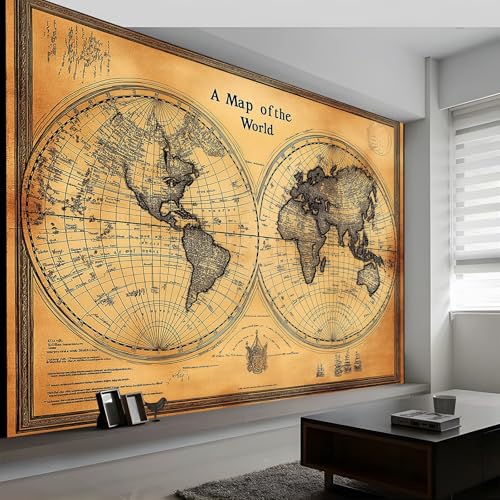 Fototapete Weltkarte Im Retro-Stil Tapeten Wandtapete, Vintage-Stil Moderne Wanddeko Design Wand Dekoration Wohnzimmer Schlafzimmer Büro Flur 200 x 140 cm (B x H) Wandtapete Poster Tapete