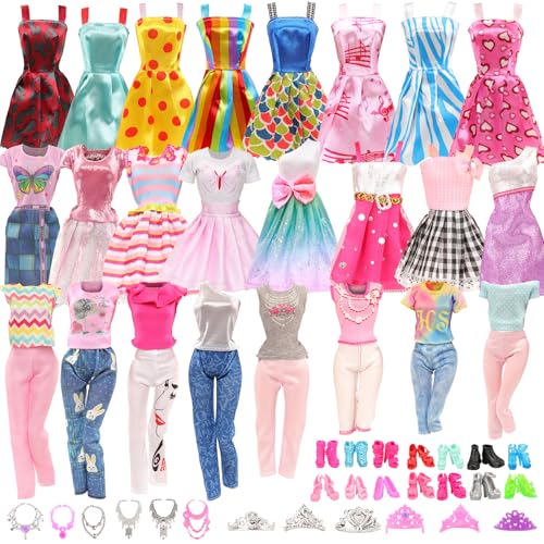 Miunana 35 Kleidung Zubehör Schmuck Schuhe für 11,5 Zoll Mädchen Puppen, 2 Fashion Kleider 3 Oberteile 3 Hosen 5 Mini Kleider 10 Schuhe 6 Kronen 6 Ketten für Puppen
