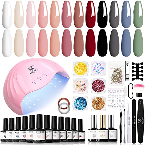 modelones UV Nagellack Set mit UV Lampe 48W,12 Farben Rosa Weiß Grün Shellac Set Starterset mit Lampe-Gel Nagellack -Gelnägel Set mit Base Top Coat Gelnägel Set Maniküre Set Nagelstudio Set