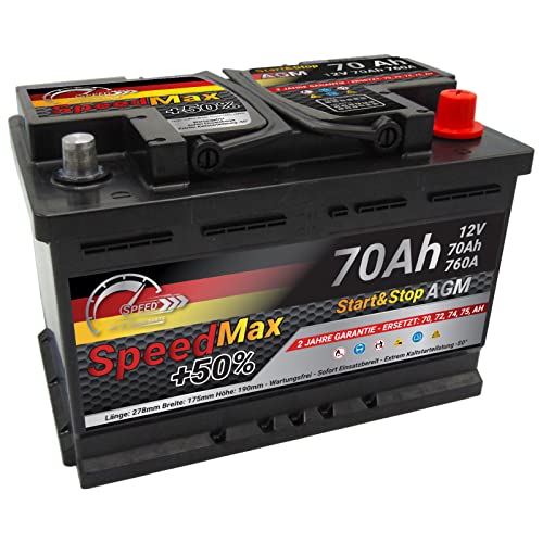 SMC Autobatterie Speed Max 70Ah Agm Start&Stop 12V 760A Starterbatterie für Autos mit hohem Energiebedarf Start-Stop ersetzt 65 70 Ah 75 80ah überlegene Leistung