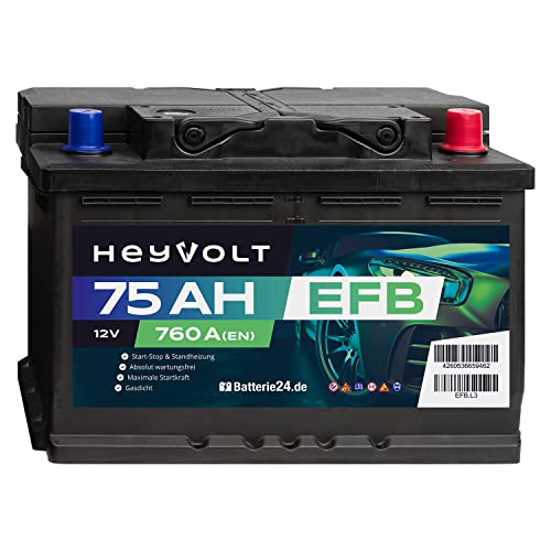 HeyVolt EFB Autobatterie 12V 75Ah 760A/EN Starterbatterie, Start-Stopp & Standheizung geeignet, absolut wartungsfrei
