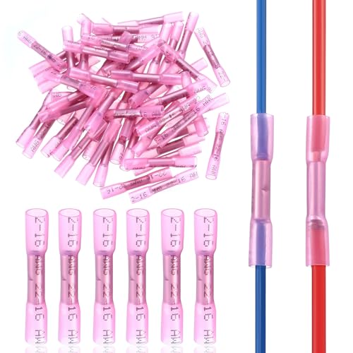 160 Schrumpfverbinder, Stoßverbinder mit Schrumpfschlauch, Quetschverbinder Set, 22-16AWG Kabelverbinder Isolierte Wasserdichte Stossverbinder Set für 0.5-1.5 mm² Kabel KFZ Crimpverbinder Set, Rosa