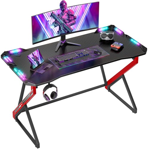 BEXEVUE Gaming Schreibtisch LED – 100x60 cm PC Gamer Tisch Ergonomischer, Z Rahmen mit Kohlefaseroberfläche Stabil, Einfach zu Montieren, Kopfhörerhaken für Gaming Studium Arbeit