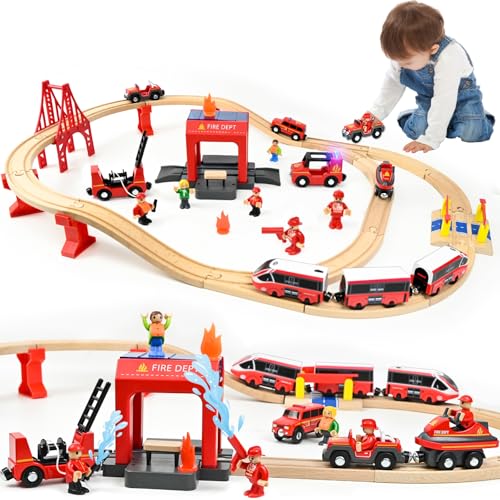 Ulikey Holzeisenbahn Set Kinder, 58 Teiliges Holzeisenbahn Schienen und Zug Spielzeug, Modelleisenbahn-Set mit Elektrische Lok und Feuerwehr, Spielzeugeisenbahn-Set Geschenk für Jungen und Mädchen