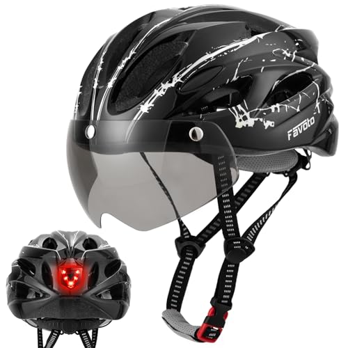 Favoto Fahrradhelm Herren mit Licht - Damenhelm Fahrradhelm Leichtgewicht Atmungsaktiv mit Brille Rücklicht Herausnehmbares Innenfutter EPS In-Mould-Technologie 57-61 cm Verstellbar Schwarz-Weiß