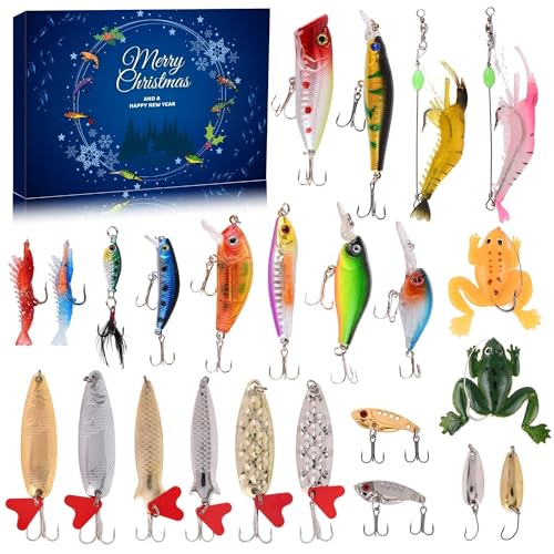 TRUSCEND Adventskalender Angelköder-Set für Männer, Teenager und Jungen, lebensechte Swimbaits für Barsch, Hecht, 24-Tage-Überraschungs-Countdown-Angelzubehör-Set, Angelgeschenke für Fischer und Vater