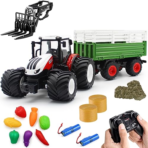 fisca Ferngesteuerter Traktor Spielzeug RC Bauernhof Traktor Set mit Anhänger Frontgabelstapler, 1/24 Scale 2.4Ghz Elektronischer Traktor Bauernhof LKW Fahrzeug Spielzeug mit Licht für Kinder im Alter