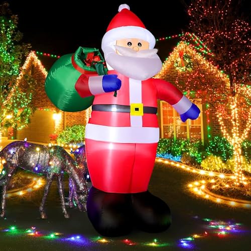 Aufblasbarer Weihnachtsmann 240cm mit LED Lichtern, 8 Fuß Riesen Figur Inflatable Santa mit Geschenktüte, Aufblasbarer XXL Weihnachtsdeko IP44 Wetterfest Beleuchtung für Innen Außen Garten Rasen Hof