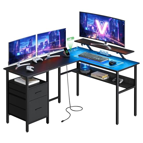 VASAGLE L-förmiger Schreibtisch mit Steckdosen, Eckschreibtisch, Computertisch, Monitorständer, Gaming-Tisch, LED-Beleuchtung, USB-Anschlüsse, 150 x 120 x 76 cm, ebenholzschwarz LWD095B01