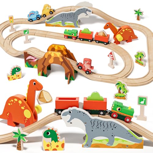 Lehoo Castle Holzeisenbahn, Dinosaurier Spielzeug Kompatibel mit Thomas, Brio und Hape, Brio Eisenbahn Zubehör Zug Spielzeug für Jungen und Mädchen