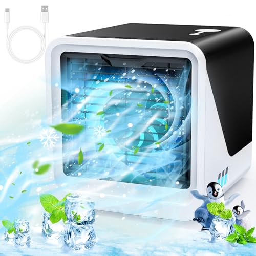 Klimaanlage Mobil, 3 IN 1 Type-C Ventilator Leise, 500 ml Wassertank, 3 Geschwindigkeiten 7 Farben Nachtlicht, Mini klimagerät ohne Abluftschlauch, Luftkühler Geeignet für Schlafzimmer, Büro
