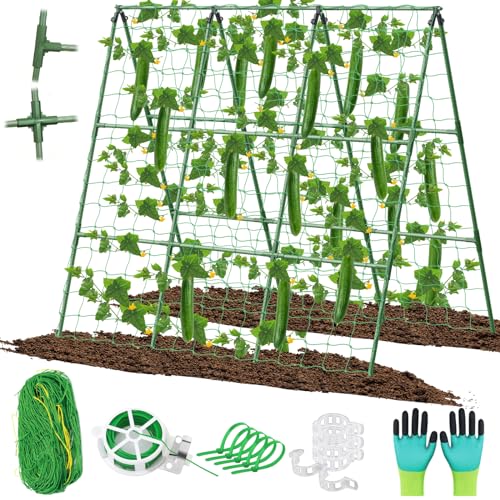 Gurken-Rankhilfe für Hochbeete, 45 x 53 Zoll Verstellbares A-Rahmen-Gartengerüst für Kletterpflanzen im Freien mit Kletternetz und Pflanzstützclip Ideal für Gemüse, Weintrauben, Tomaten & Gartenbedarf