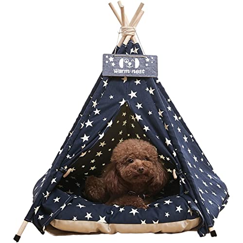 Tipi Zelt für Haustiere mit Kissen | Abnehmbar und Waschbar Hundezelt Katzenzelt Haustierzelte | Haustierbett Wegklappen | Verschließbare Fronttür Hundebett Katzenbett 51x51x61cm