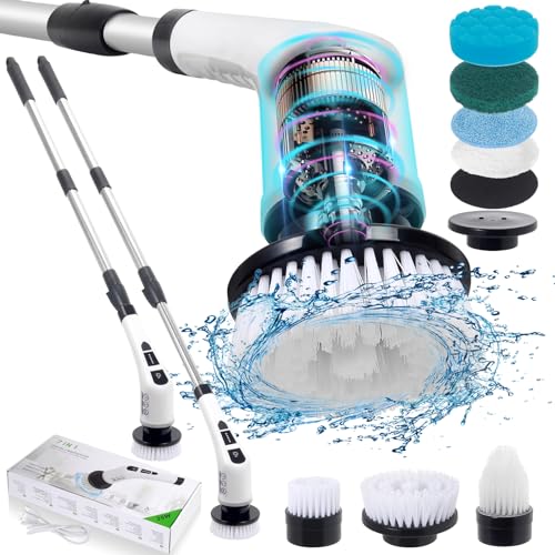 Elektrische Reinigungsbürste (7 in 1), 2 Modi Elektrischer Spin Scrubber Electric Cleaning Brush mit 35-128cm, Verstellbarer Griff Cleaning Brush Schnurlos für Fliesenboden Küche Bad