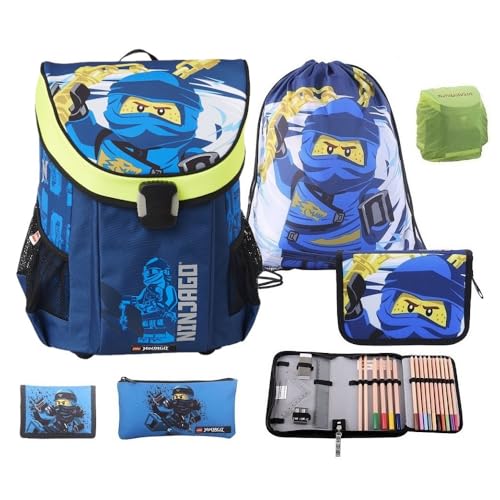 Familando Ninjago Schulranzen Set für Jungen und Mädchen · Lego Easy · 790 Gramm leicht · Schultasche 1. Klasse (6-teiliges Set mit Federmappe, Blau)