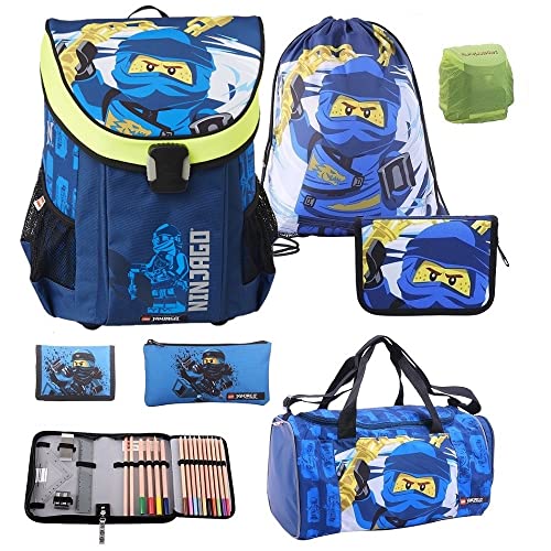 LEGO Ninjago Schulranzen Set 7tlg. Easy School Bag mit Federmappe gefüllt, Turnbeutel, Regenschutz und großer Sporttasche Blauer Ninja Jay