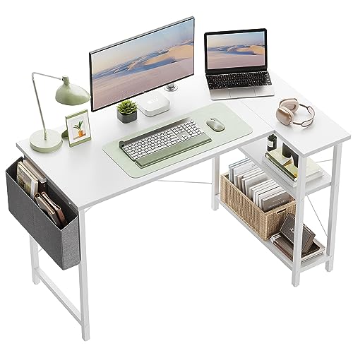 CubiCubi 120cm Schreibtisch Computertisch mit Ablagefächern, Kleiner L-förmiger Eckschreibtisch mit Regalen, Umkehrbarer Computertisch Schreibtisch mit Bücherregal, Weiß2