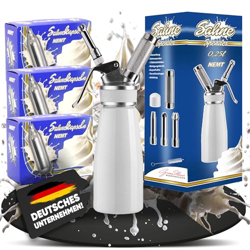 NEMT Sahnespender 0,25 L Sahnesiphon weiss + 30 Sahnekapseln 250 ml Sahnespender Aluminium mit Edelstahl Düsen und Reinigungbürste, Auslaufsicherer Sahnebereiter für Schlagsahne, Creme, Mousse