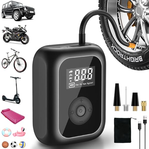 Elektrische Fahrradpumpe 6000mAh, Luftpumpe Mini Kompressor für Reifen 10,3 bar, Kabelloser Tragbare Akku Luftpumpe mit Autostop, 150PSI Akku Luftpumpe für Auto Fahrrad Motorrad Bälle