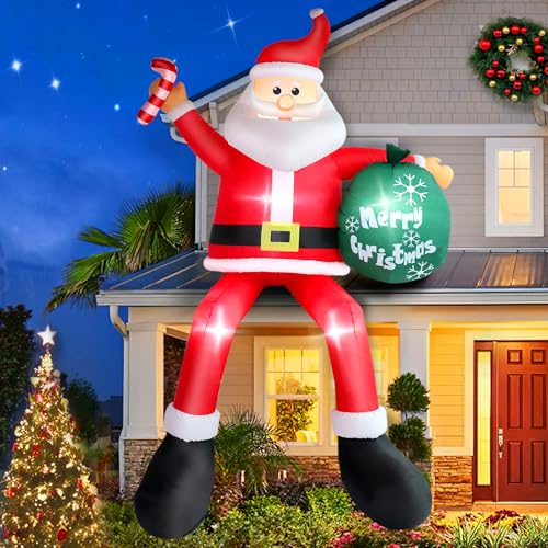 8FT Aufblasbarer Weihnachtsmann mit LED, Sitzend Santa Claus mit Grünetüte, Sitzend auf Stuhl Dachwand IP44 Wetterfest Weihnachtsdeko Riesen Figurfür Straßenhäuser Terrassenbänke und Sträucher Hof