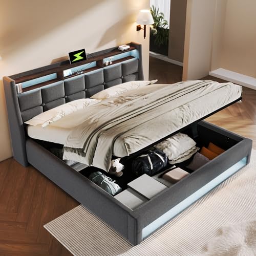 DEKKETO Boxspringbett mit Stauraum, Polsterbet 140x200 Doppelbett mit LED und 2 USB-Anschluss, Hydraulisch Stauraumbett Rückenlehne Bettgestell, Lattenrost aus Holz ohne Matratze, Grau