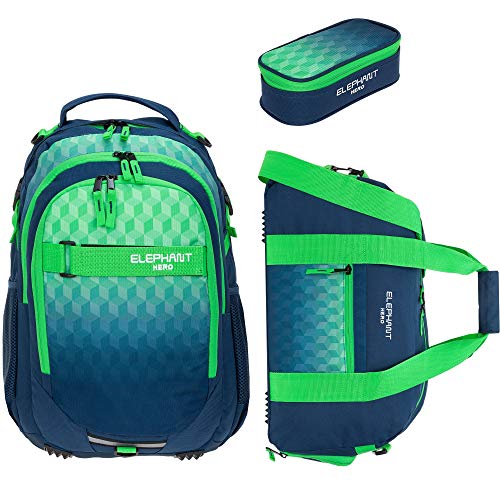 Elephant 3 Teile Set Schulrucksack Hero Signature Rucksack + Sporttasche + Mäppchen 12609 (Cube Green Blue)