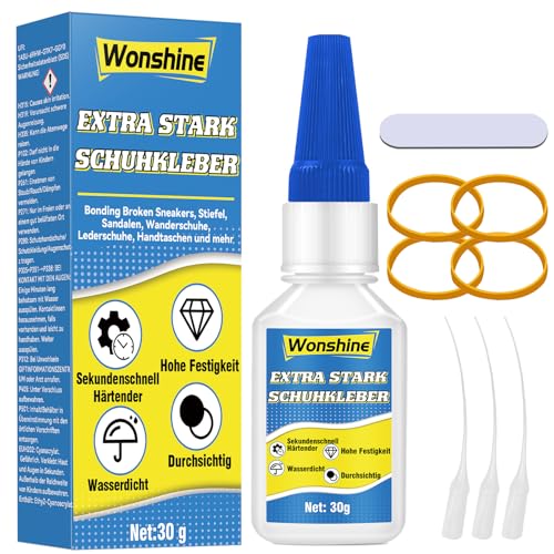 Schuhkleber Extra Stark Wasserfest 30 g, Schuhsohlenkleber mit Anti-Trocknungsspitze, Schuh Kleber für Gummisohlen, Stiefel, Turnschuhe, Sandalen, Leder, Handtaschen und mehr