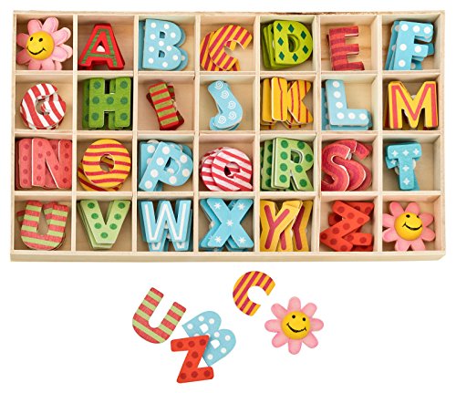 Kleenes Traumhandel Buchstabenkasten Holz Bunt - 2,5 cm hoch - je 4 hölzerne Buchstaben mit Klebepunkten - 108 Teile