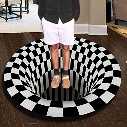 FANSU Runder Teppich, Schwarzer Weißer Vortex Druck 3D Optische Täuschung Moderner Anti-Rutsch Bodenmatte Home Schlafzimmer Büro Wohnzimmer Haustür Art Deco Teppich (Geometrie,60cm)