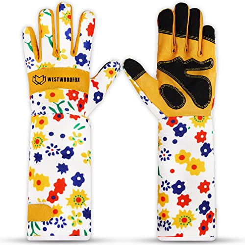 WESTWOOD FOX Leder Gartenhandschuhe Lange Unterarmschutz Ärmel dornsichere Arbeitshandschuhe Rose Beschneiden Garten Sicherheit Atmungsaktiv Langlebig Dicke Handflächenhandschuh (Gelb, L)