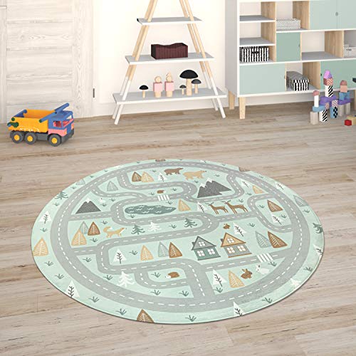 Paco Home Kinderteppich Teppich Kinderzimmer Spielmatte Straßenteppich Spielteppich, Grösse:80 cm Rund, Farbe:Türkis