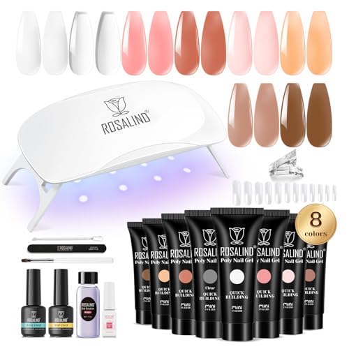 ROSALIND Gelnägel Starterset 8 Farben, Poly Nail Gel Set mit Mini UV Lampe, Base Top Coat und Maniküre-Werkzeuge, Nagelverlängerungs Gel Starter Set für Profesionelle Salon & zu Hause DIY
