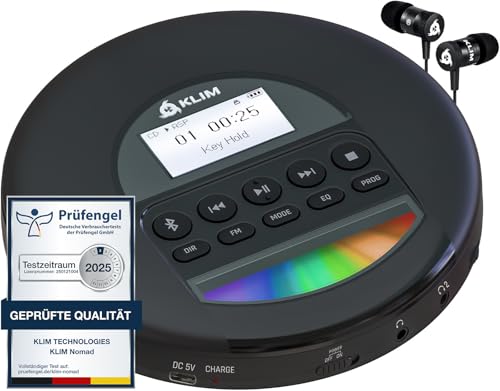 KLIM Nomad CD Player Bluetooth - Tragbarer CD-Player Discman mit langlebigem Akku - Inklusive Kopfhörer - CD-R, CD-RW, MP3 - Mit TF-Reader, Radio FM - Ideal für Autos - Portable CD Player Diskman