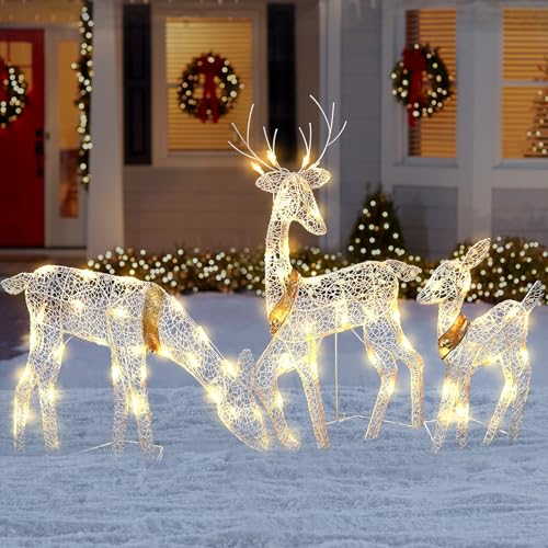 Zecnaud Weihnachtsdeko Led Rentier Beleuchtet Aussen 3pcs Weihnachtsbeleuchtung Außen Rentier aus Metall warmweißenLed Weihnachtsdeko Rentier Outdoor für Weihnachten Garten Deko (B)