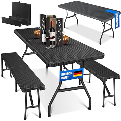 KESSER® Bierzeltgarnitur 3-teilig Set Tisch & 2x Bank | Buffettisch für drinnen & draußen Gartengarnitur klappbar 183x76x74cm Kunststoff Klapptisch Rattan-Look Gartentisch Inkl Abdeckung & Tragegriffe