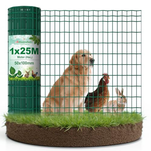 Amagabeli 1M X 25M Gartenzaun Zaun PVC-beschichteter 100 x 50mm 2.1 mm Drahtzaun Maschendraht Wildzaun/Hundezaun Rostfrei Zaunelemente Grünen Maschenweite Drahtgitter Kaninchendraht Forstzaun