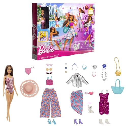 Barbie-Puppe und Mode-Adventskalender, 24 Kleidungsstücke und Accessoires wie Badeanzug, Kleid, Hut oder Kätzchen als Überraschungszubehör, HKB09