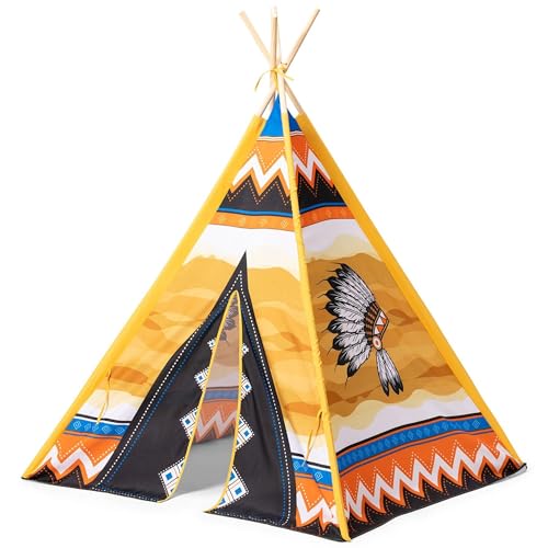 L.A. Sports Kinder-Tipi-Spielzelt | Indianerzelt mit Buntem Motiv für drinnen & draußen | Schnell aufbaubares Tipi-Zelt mit Holzstäben | Wasserabweisendes Kinderzelt