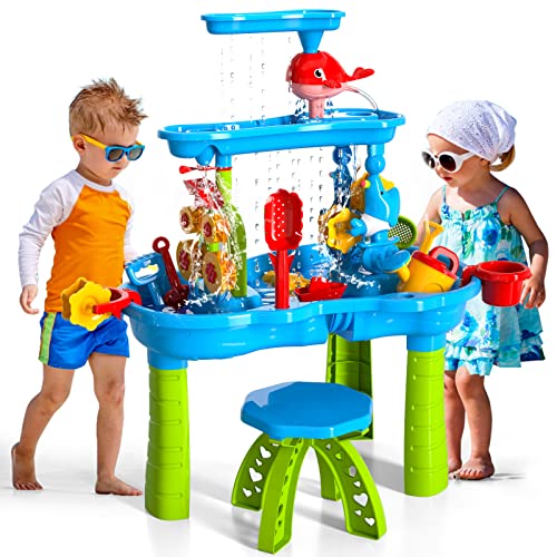 Kinder Sand Wasser Tisch Spielzeug für Kleinkinder, 3-Tier Outdoor Sand und Wasser Tisch für Kinder, Kinders Strand Spielzeug Aktivität Sensorische Spieltisch Sommer Spielzeug für Kleinkind Alter 3-5